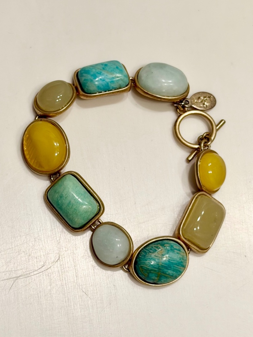 LOFT Signed Cabochon Multi-Stone Gold Tone Toggle Bracelet 6”